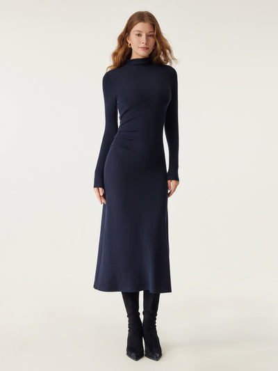 ProWarm Long Sleeves Mockneck Tucks Midi Dress Regular Midnight Navy