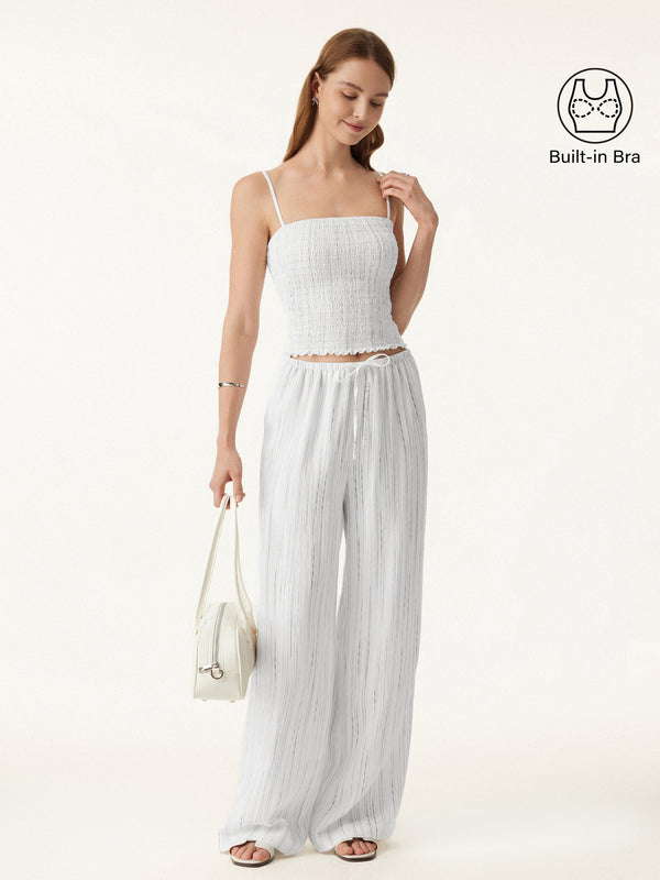 2Pcs Set Striped Adjustable Spaghetti Brami & Striped Wide Leg Pants with Pockets Off White Stripe XS