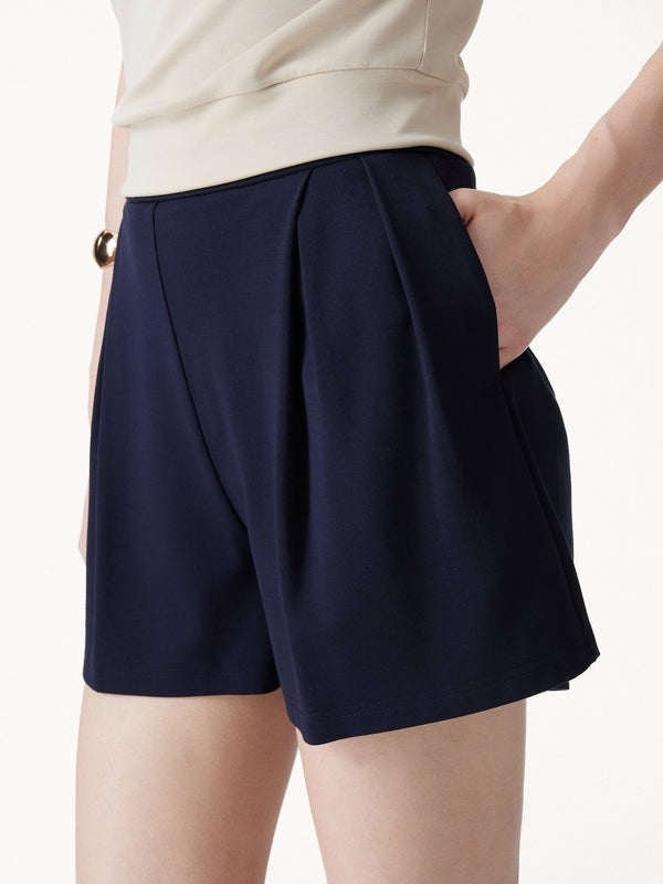 OGLmove Stretch Ponte Pleated Wide Leg Shorts Light Navy XS