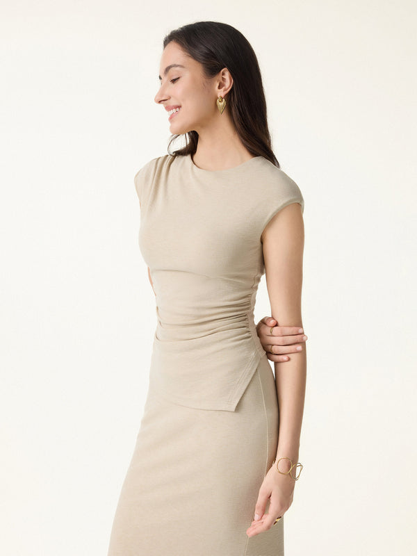 OGLmove Matte Smooth Cap Sleeve Ruched Asymmetrical Bra Top Almond Clay Beige XS