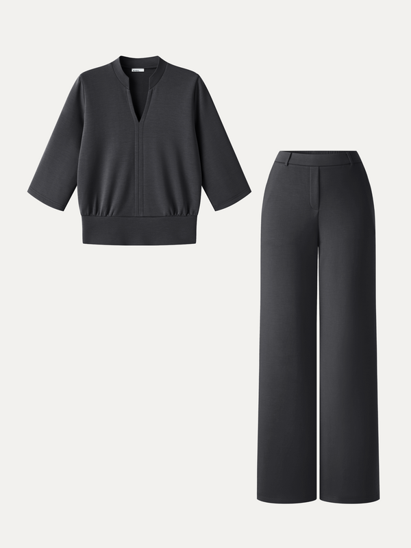 OGLmove 2Pcs Set V-Neck Elbow Sleeve Top & High-Rise Wide Leg Pants with Pockets