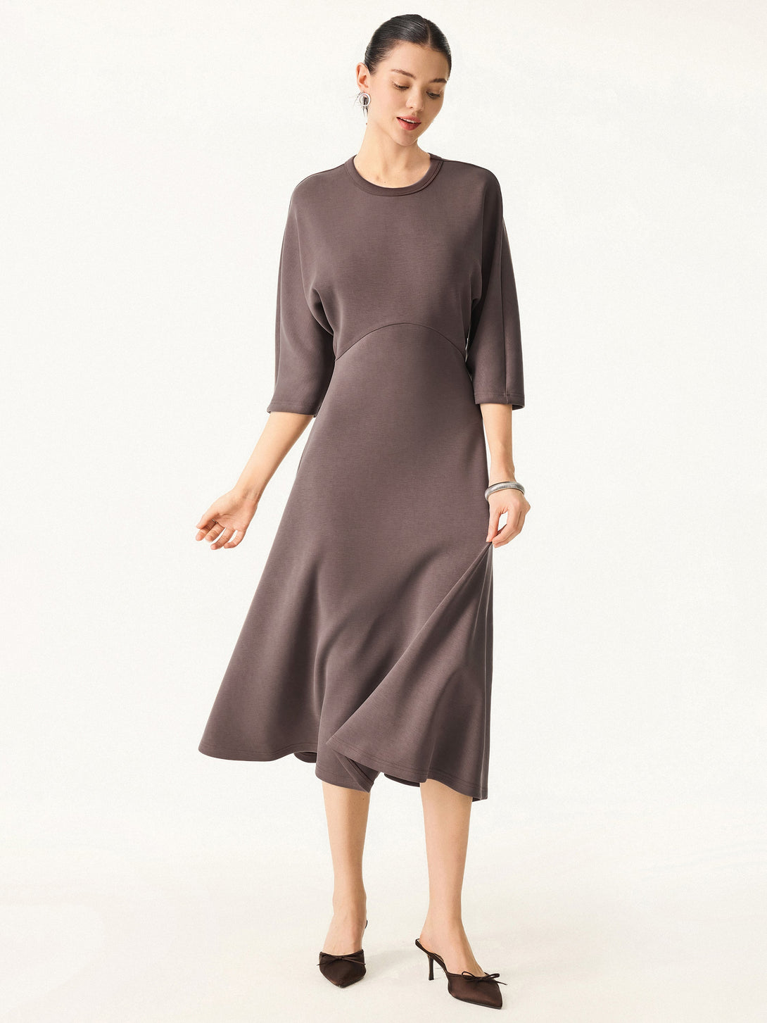 Chic Crewneck 3/4 Sleeves Midi Dress Deepest Mauve XS