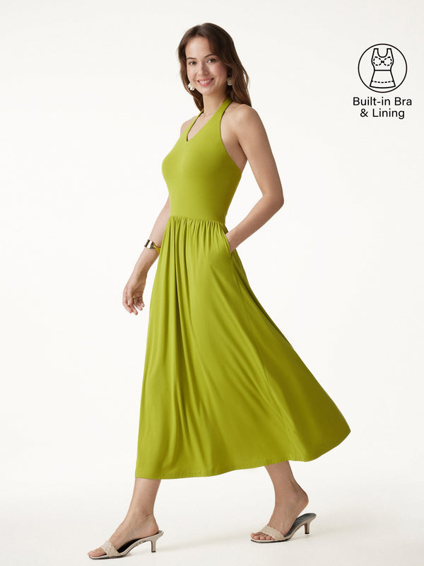 OGLmove SkinKiss Halter Ruched Midi Bra Dress with Pockets Sprout Green XS