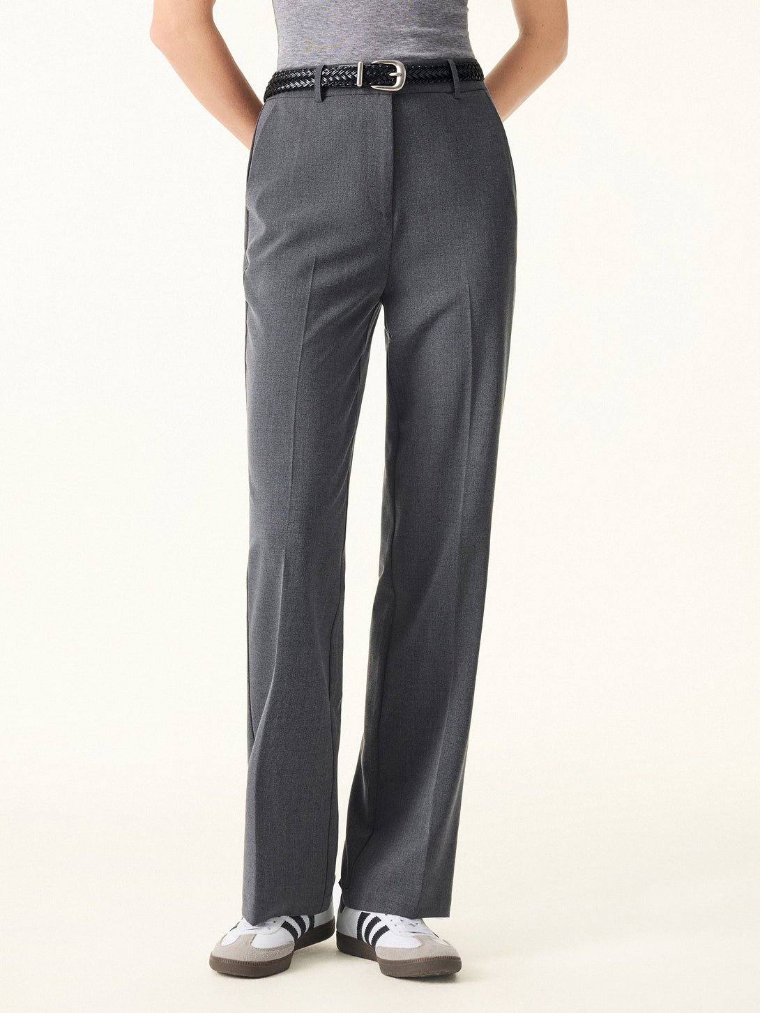 Mid Rise Straight Leg Creased Trousers with Pockets Regular Heather Night Charcoal