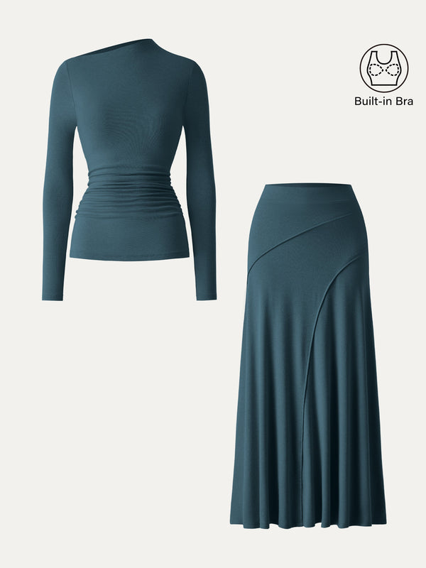 OGLmove 2Pcs Set Asymmetrical Long Sleeve Bra Top & A-Line Midi Skirt