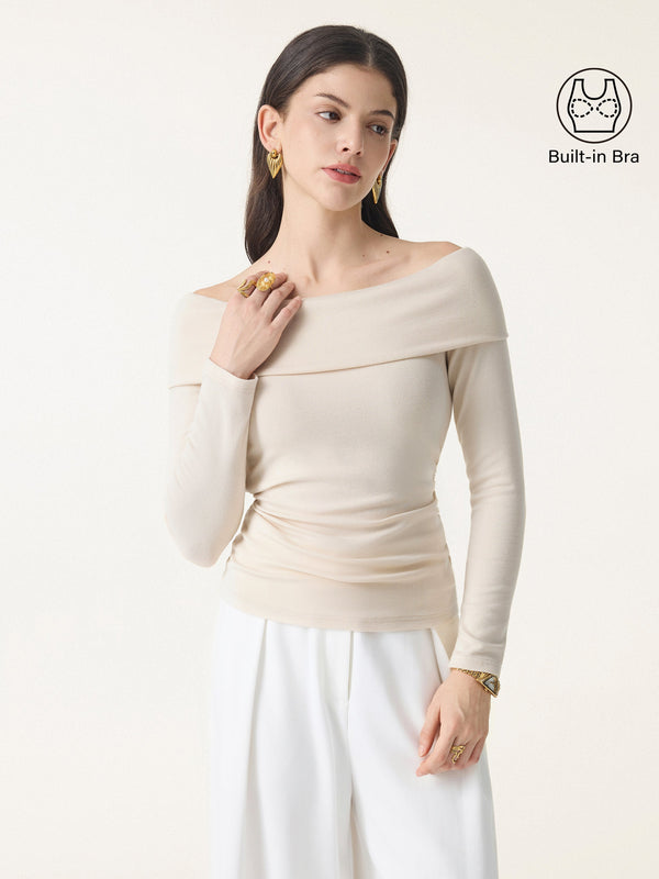 Off-Shoulder Long Sleeve Side Ruched Brami Top Morning Mist XS