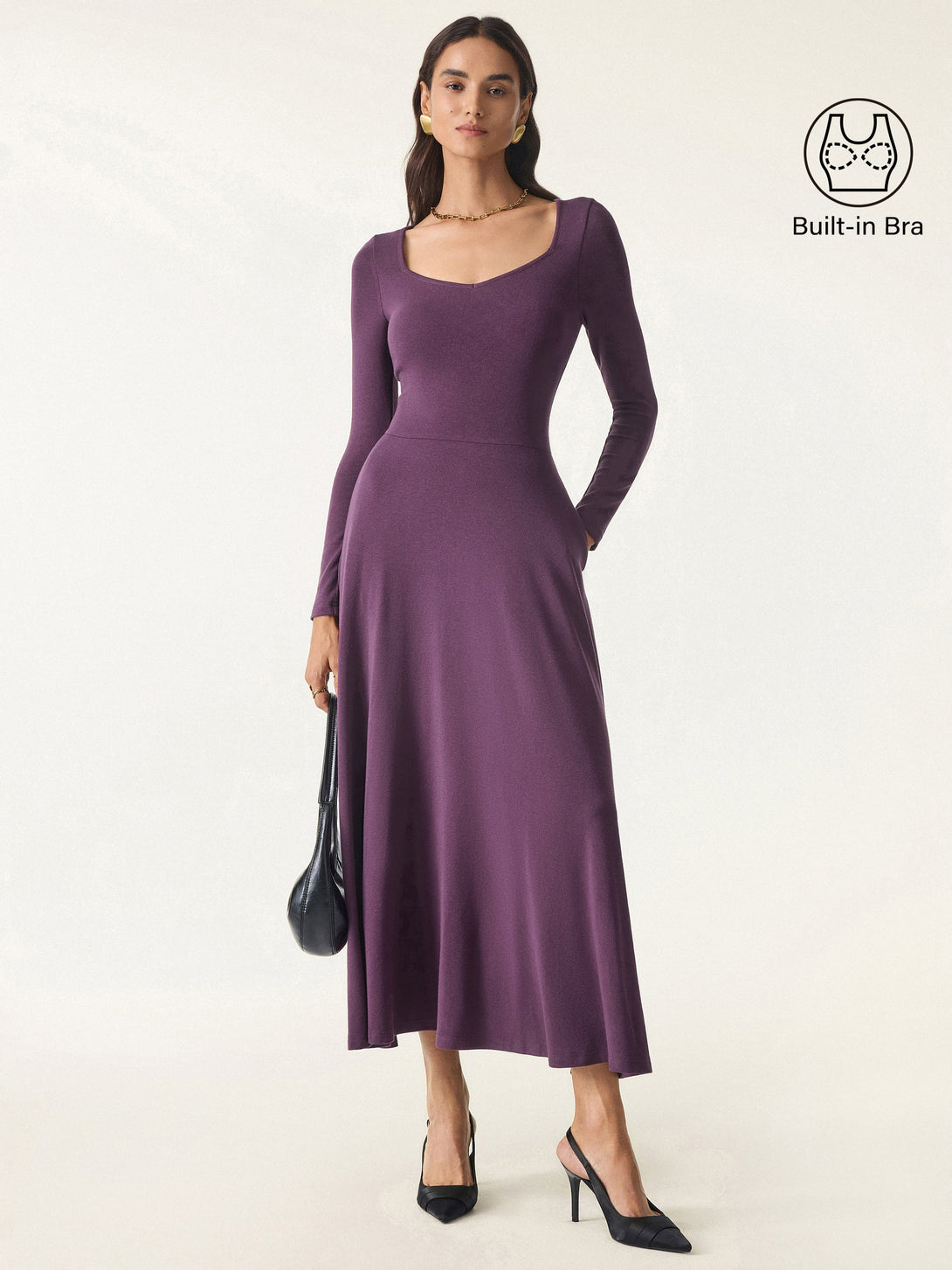 LiteWarm Flowy Diamond Neck Maxi Brami Dress with Pockets Deep Fig XS