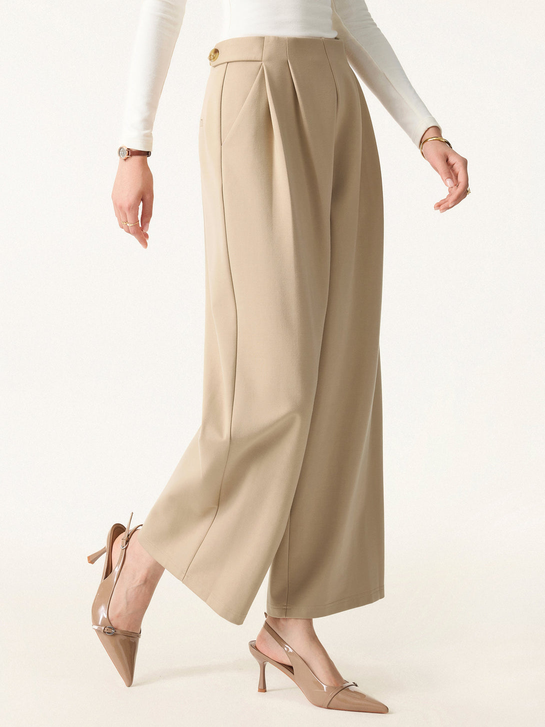 Mid Rise Wide Leg Ankled Pull-on Pants with Pockets