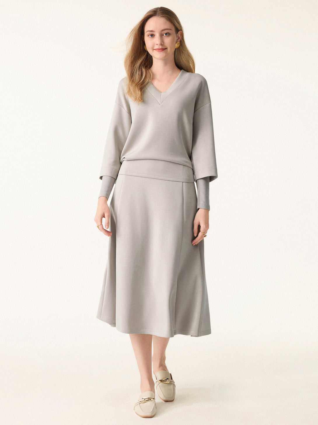 V-neck Hip Length Top with Sleeve Warmers