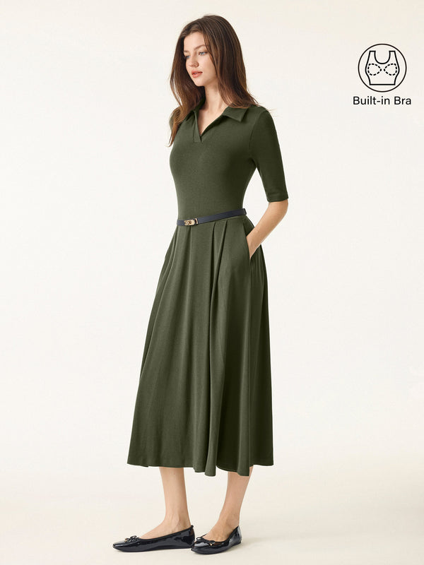 OGLmove Polo Neck Elbow Length Sleeve Midi Bra Dress with Pockets