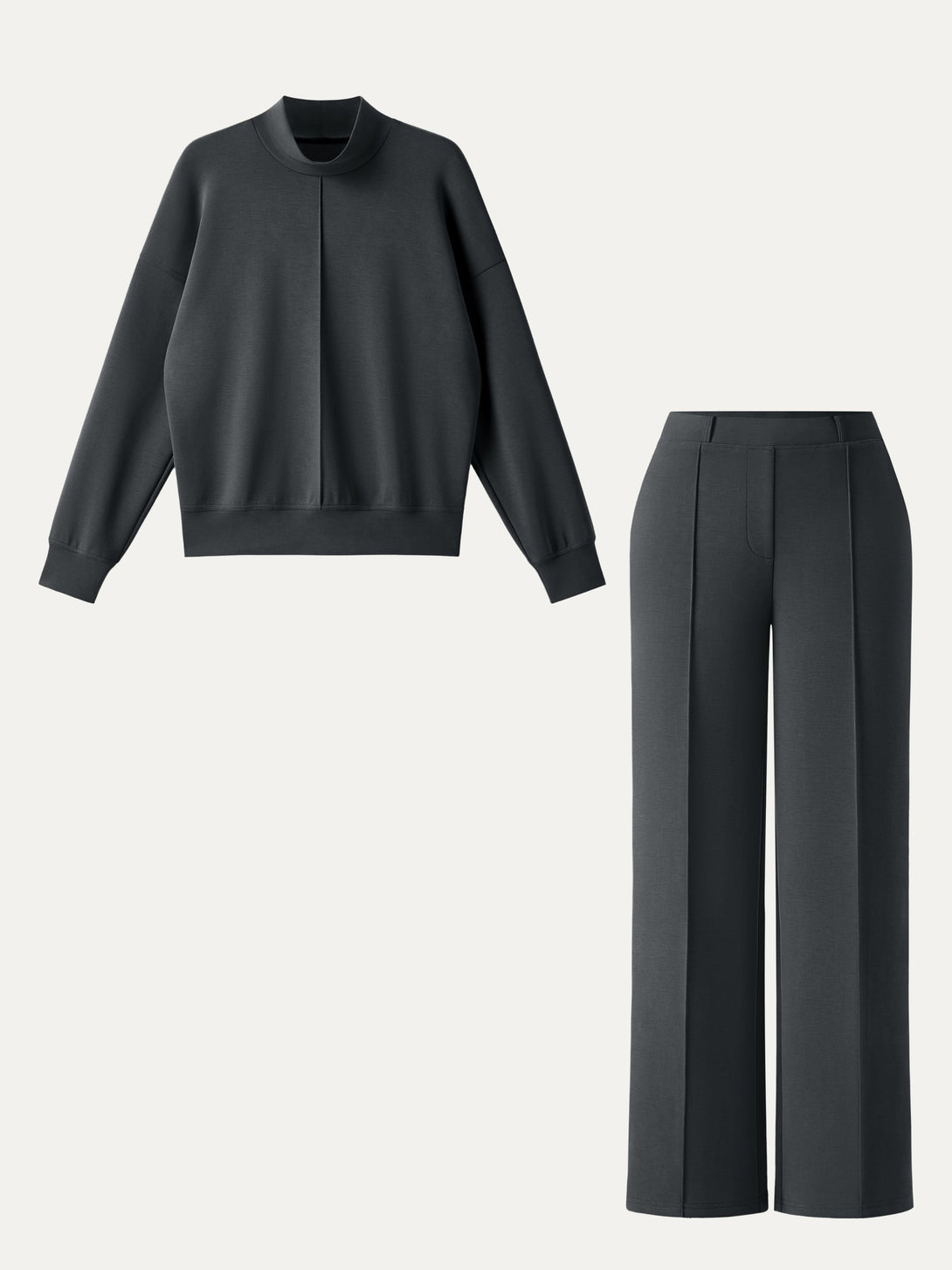 2Pcs Set Mockneck Pullover Shirt & Mid Rise Straight Leg Pants with Pockets Blue Charcoal XS