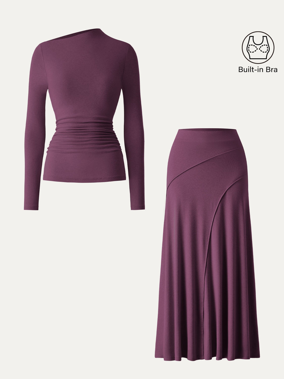 2Pcs Set Slanted Mockneck Ruched Brami & Mid Rise Pull-on Flared Maxi Skirt Plum Berry XS