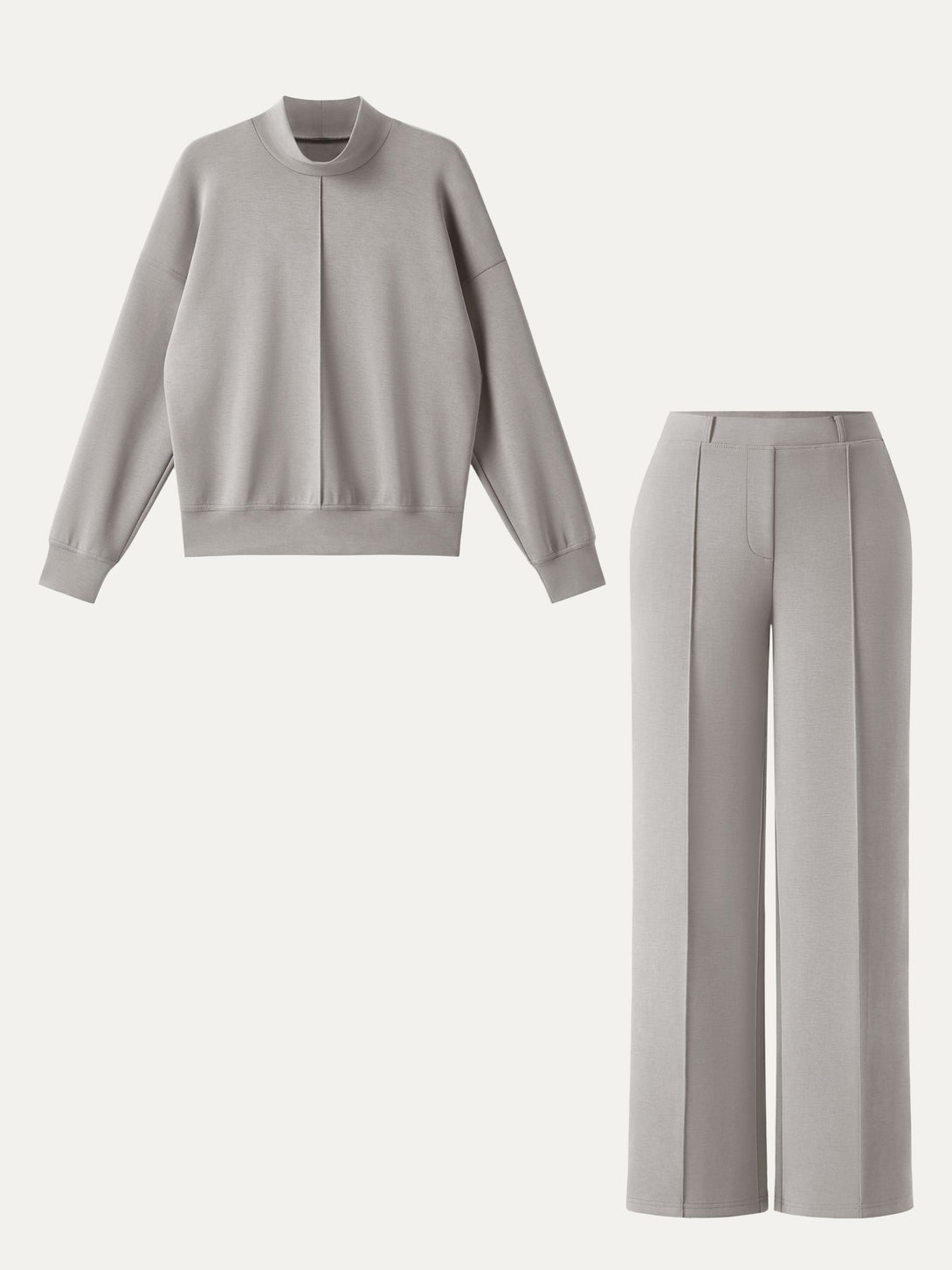 2Pcs Set Mockneck Pullover Shirt & Mid Rise Straight Leg Pants with Pockets Grey Steel XS
