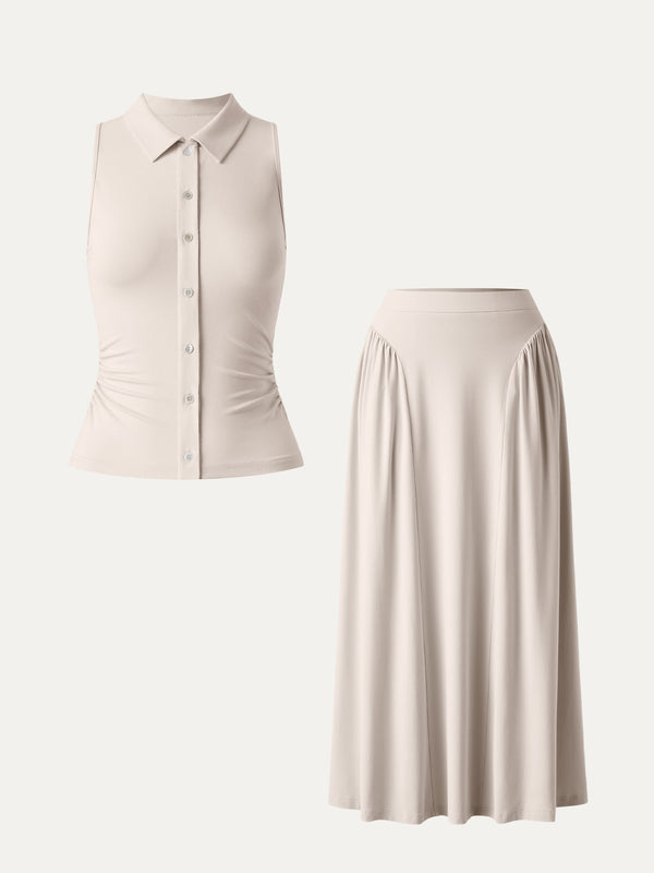 2Pcs Set Faux Button Placket Shirt Tank & Flared Midi Skirt with Pockets