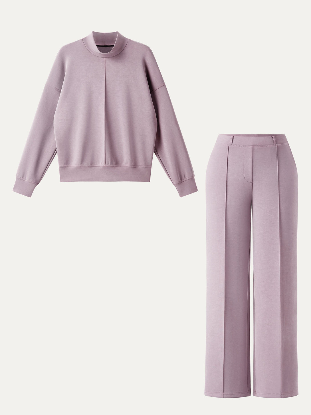 2Pcs Set Mockneck Pullover Shirt & Mid Rise Straight Leg Pants with Pockets Millennial Pink XS