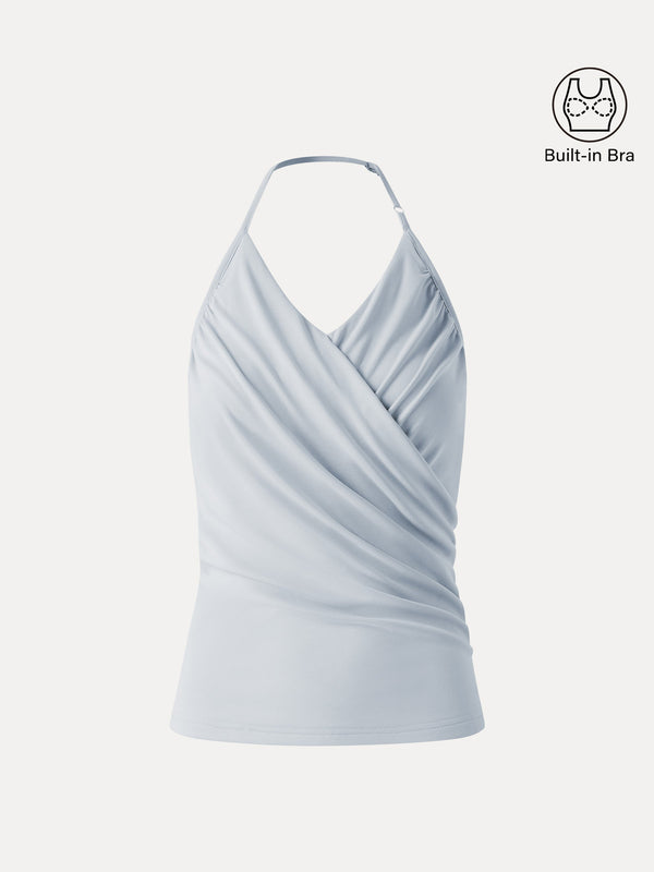 OGLmove Modal Halter Neck Surplice Ruched Bandless Built-In Bra Top 2.0 Smoke Blue M