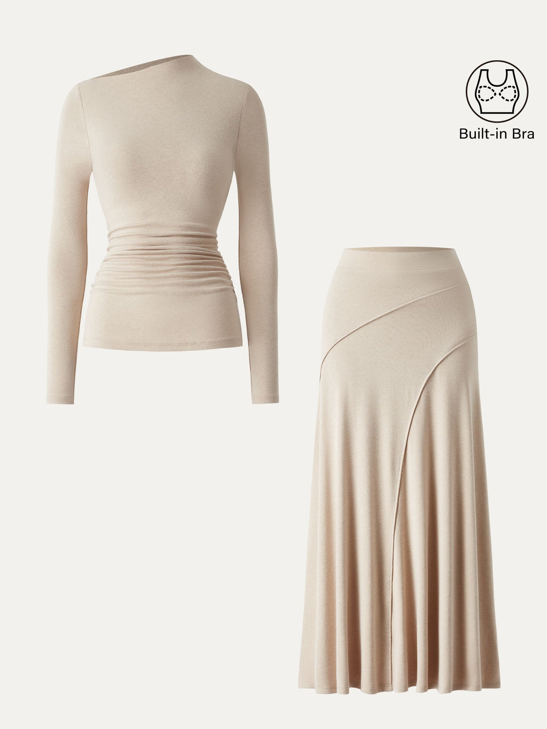 2Pcs Set Slanted Mockneck Ruched Brami & Mid Rise Pull-on Flared Maxi Skirt
