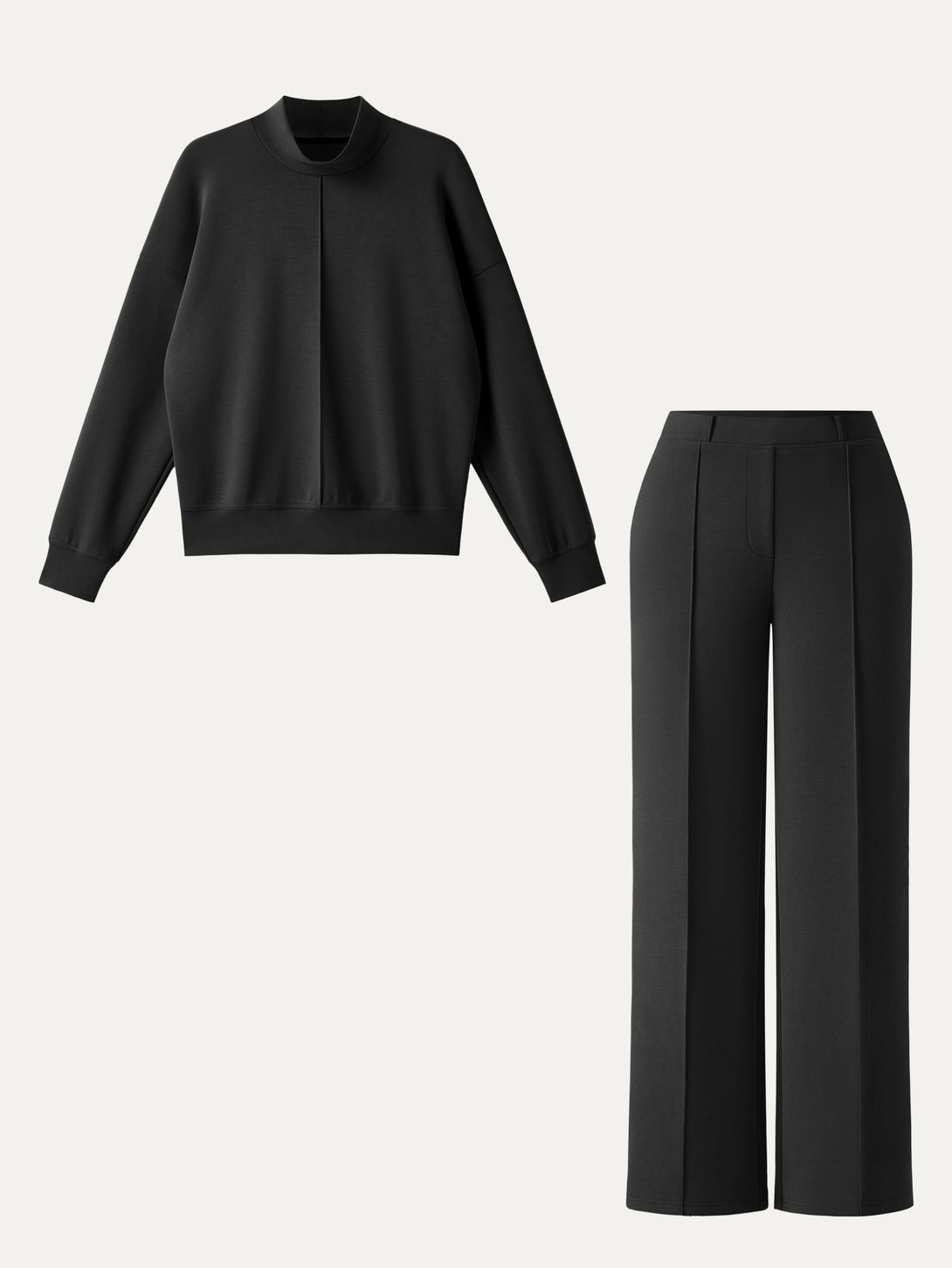 2Pcs Set Mockneck Pullover Shirt & Mid Rise Straight Leg Pants with Pockets Black XS