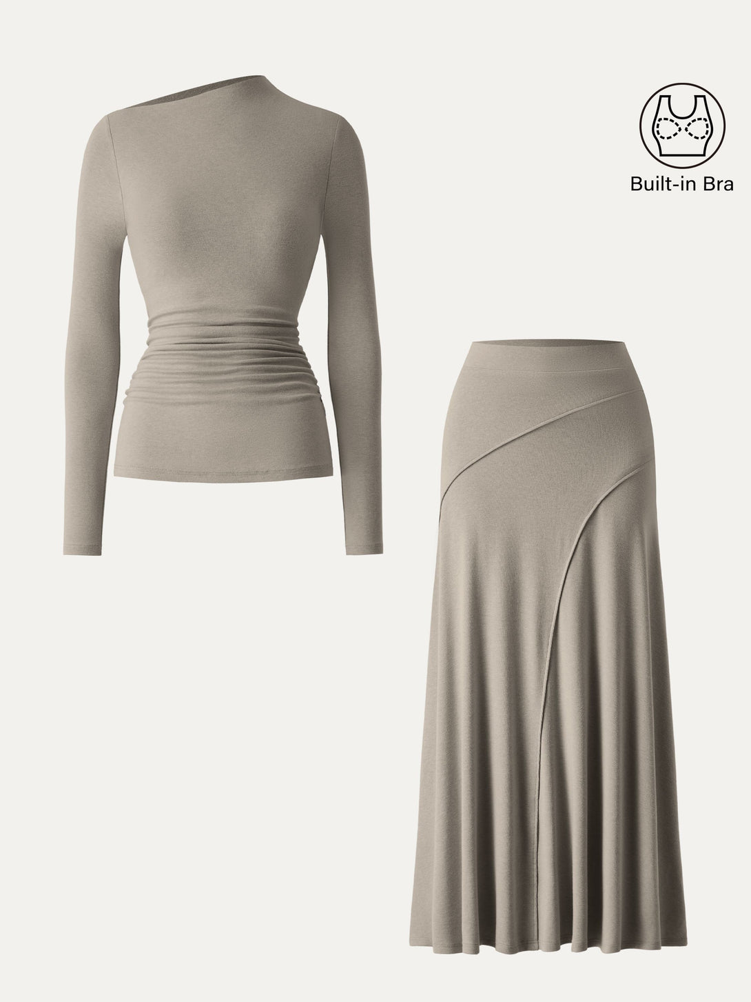 2Pcs Set Slanted Mockneck Ruched Brami & Mid Rise Pull-on Flared Maxi Skirt Griege XS