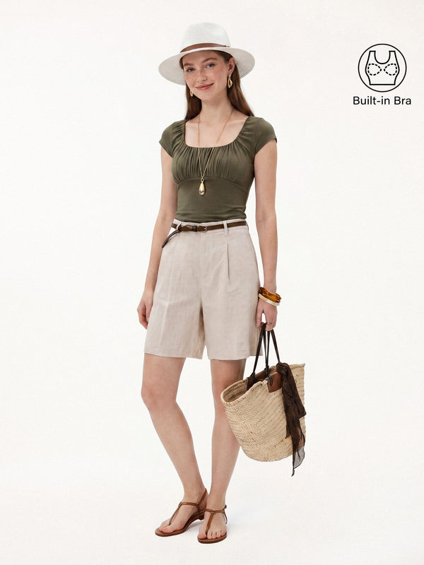 OGLmove Jersey Ruched Square Neck Cropped Bra Top Olive Green XS