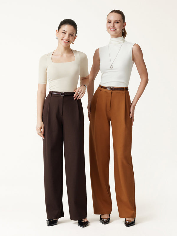 OGLmove Crosshatch Ponte High-Rise Straight-Leg Tuck Pants with Pockets