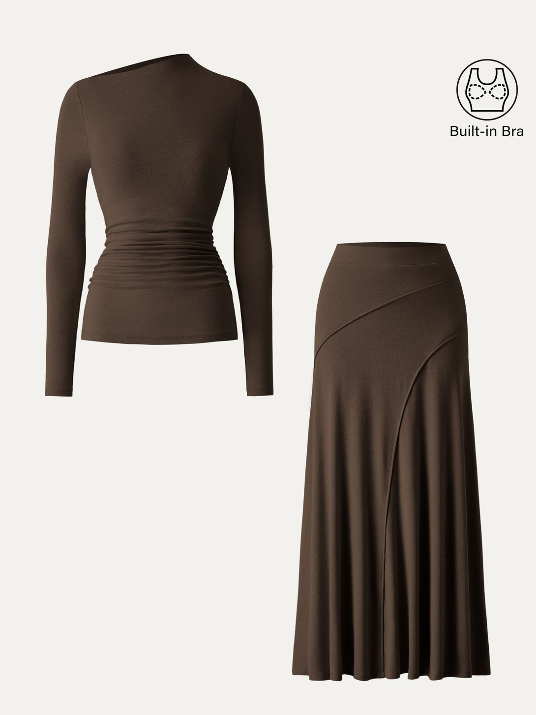 2Pcs Set Slanted Mockneck Ruched Brami & Mid Rise Pull-on Flared Maxi Skirt Espresso XS