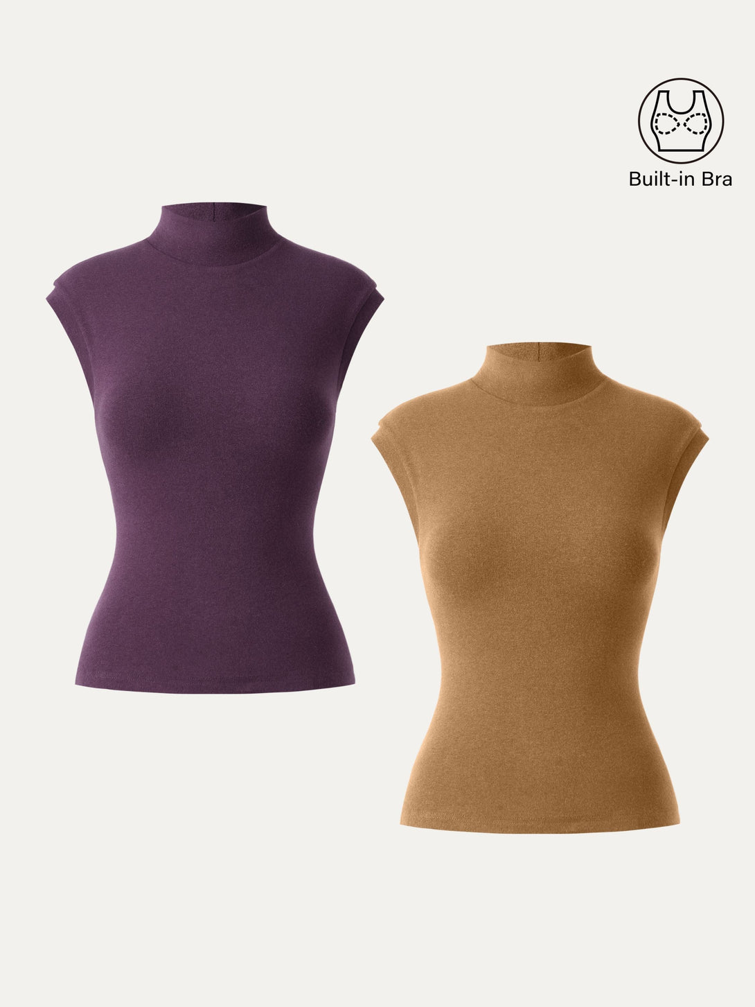 Stretch Cotton Mock Neck Cap Sleeve Brami Top Deep Fig/Cinnamon Buff XS