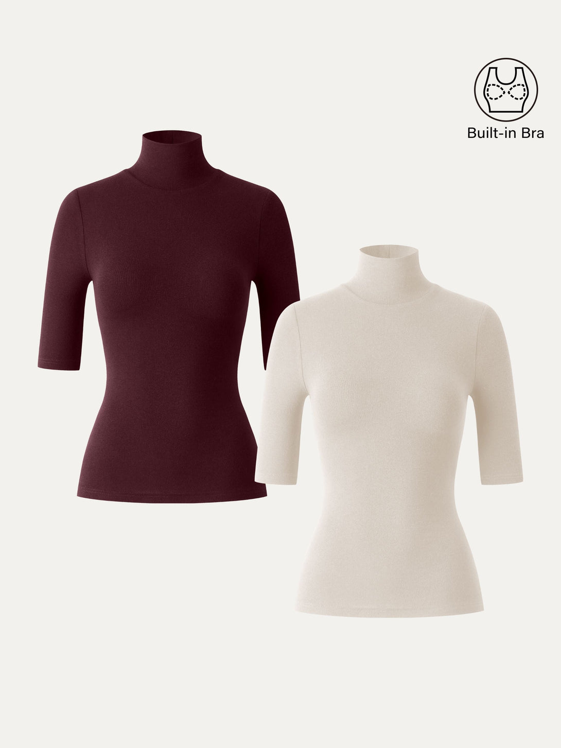 2Pcs Set Essential Turtleneck Elbow Length Sleeve Brami Morning Mist/Ruby XS