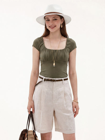 Linen Blend Jersey Ruched Square Neck Cropped Bra Top