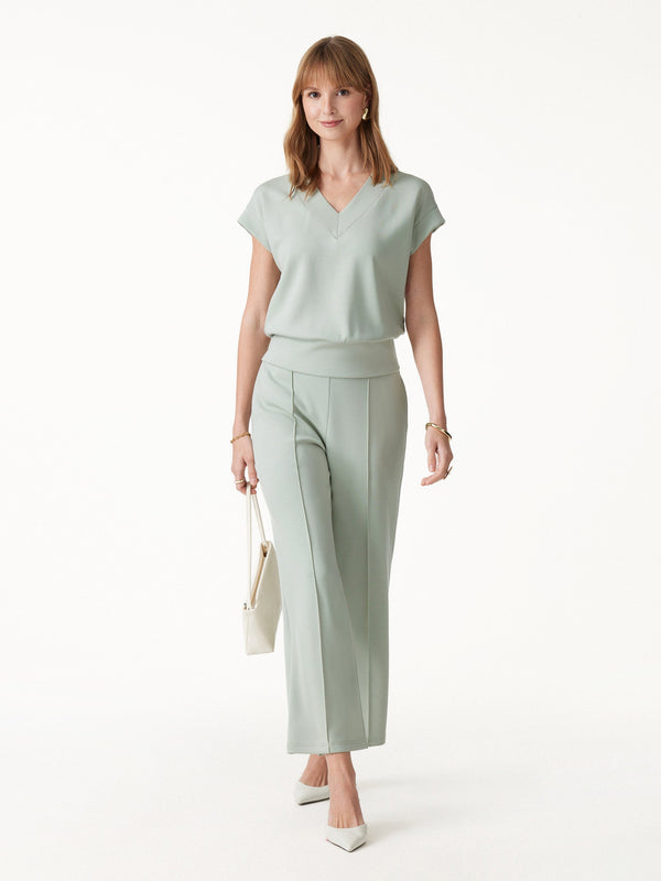 OGLmove 2Pcs Set V-Neck Short Sleeve Top & Cropped Straight-Leg Pants with Pockets Lily Green XXS