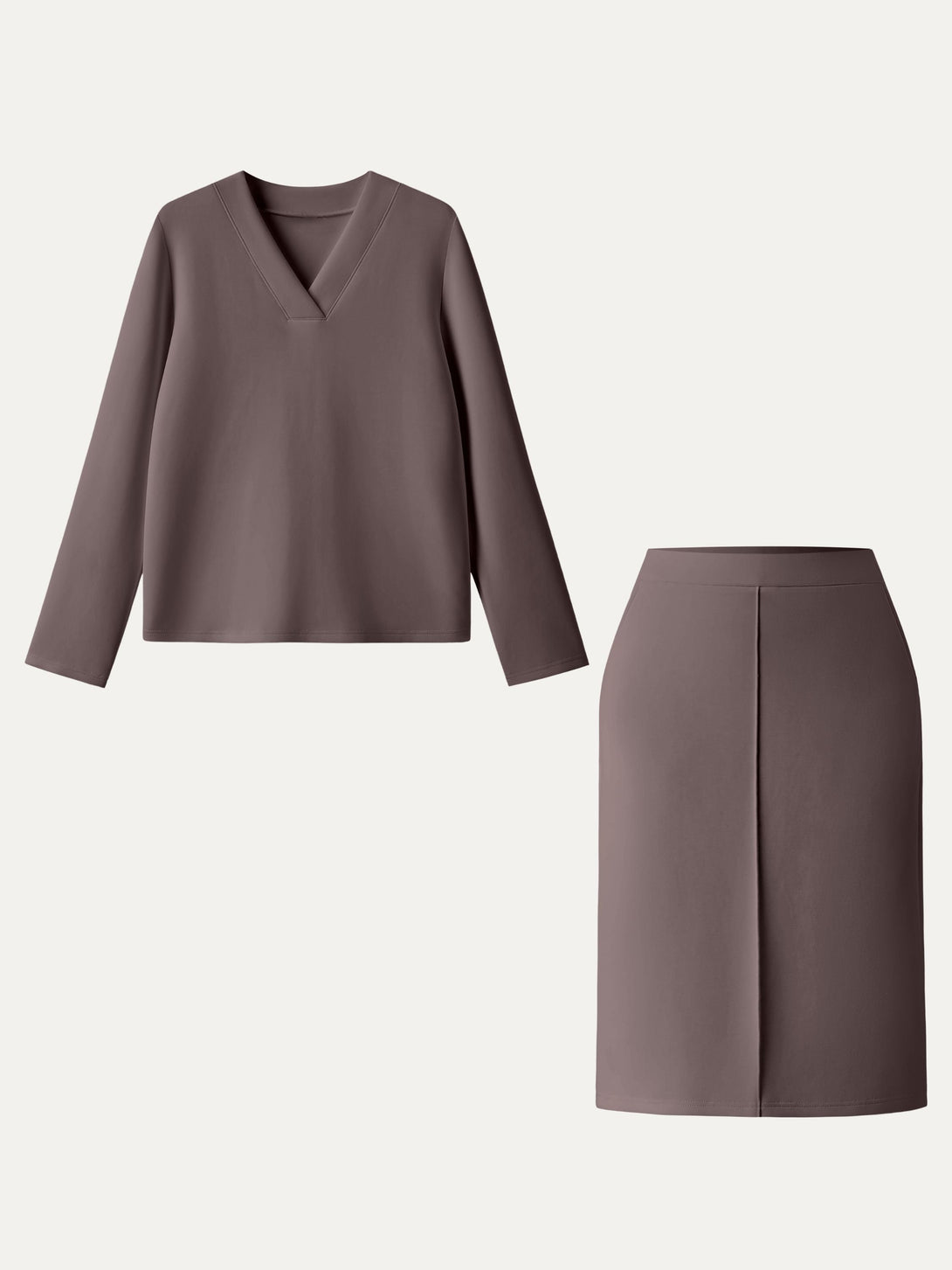 2Pcs Set Modal Spacer V-neck Pullover Shirt & A-Line Midi Skirt with Pockets Deepest Mauve XS