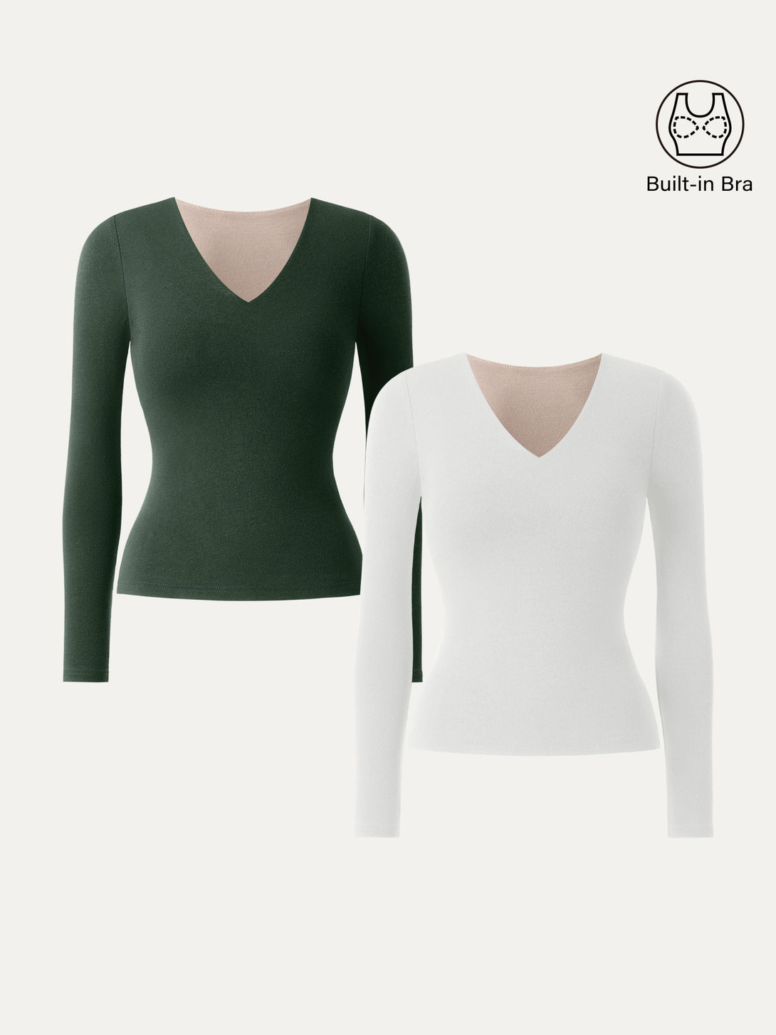 2Pcs Set Stretch Cotton V-Neck Long Sleeve Brami Top White/Deep Bush XS
