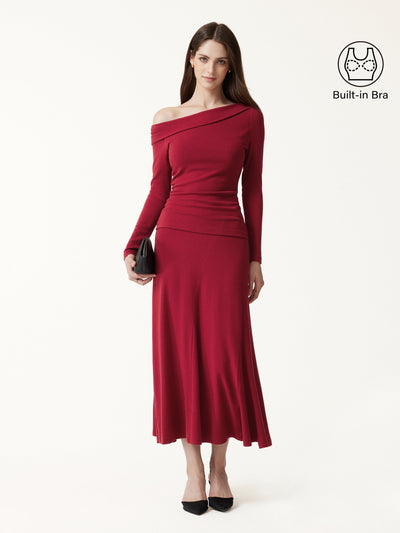 OGLmove 2Pcs Set Asymmetrical Neck Long Sleeve Bra Top & High-Rise A-Line Midi Skirt Brick XXS