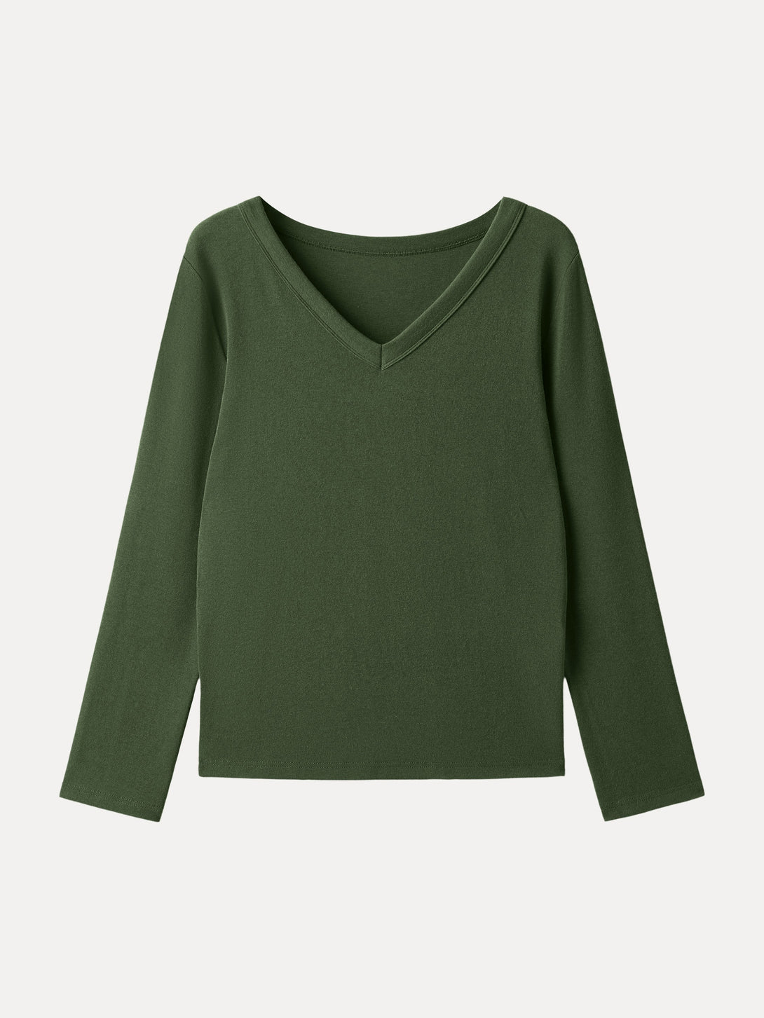 Essential V-neck Long Sleeve Top with Close-fit Hem Moss Olive XS