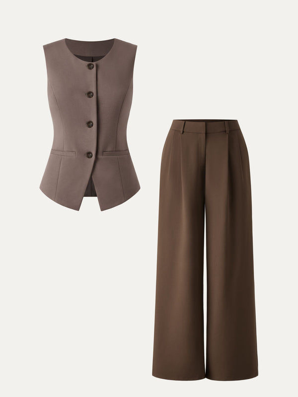 2Pcs Set Waistcoat with Pockets & Wide Leg Pant with Pockets Fawn/Pecan XS