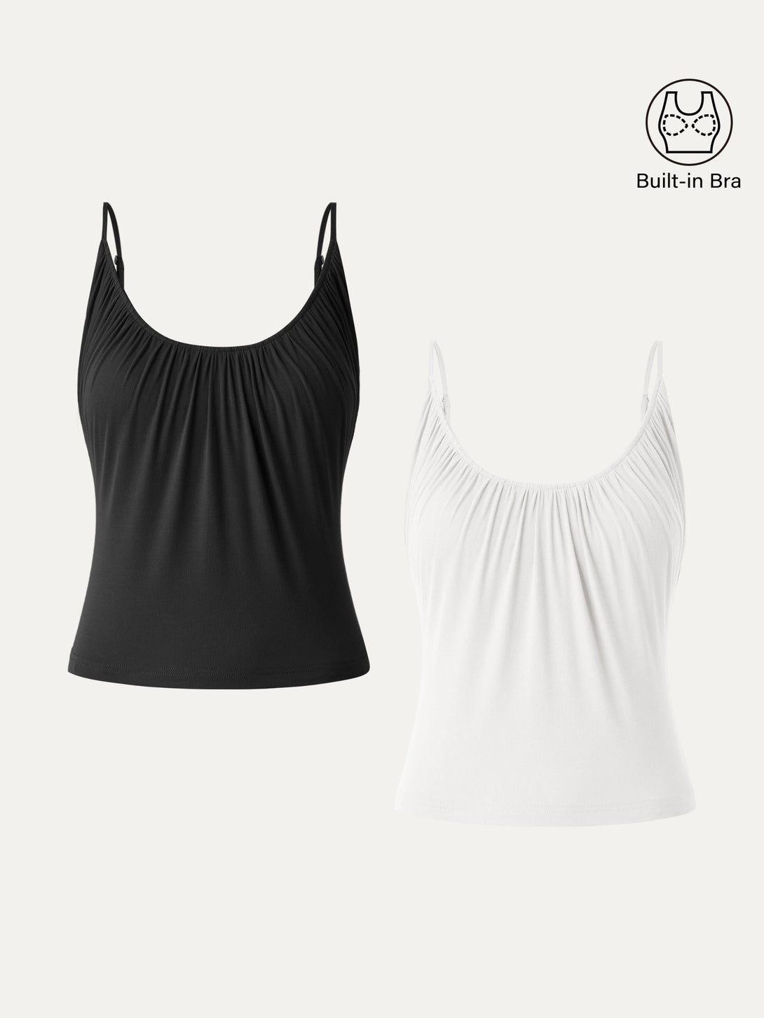 2Pcs Set Scoop Neck Gathered Spaghetti Brami Top Black/Pure White XS