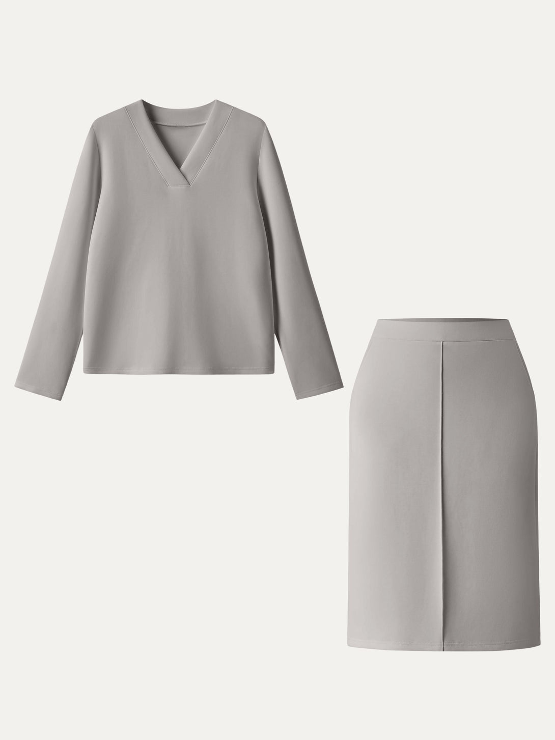2Pcs Set Modal Spacer V-neck Pullover Shirt & A-Line Midi Skirt with Pockets Grey Steel XS