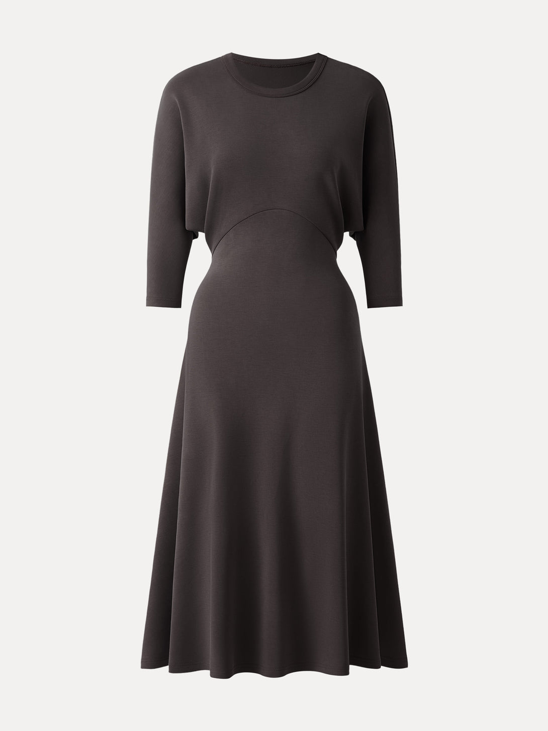 Chic Crewneck 3/4 Sleeves Midi Dress Black Chocolate XS
