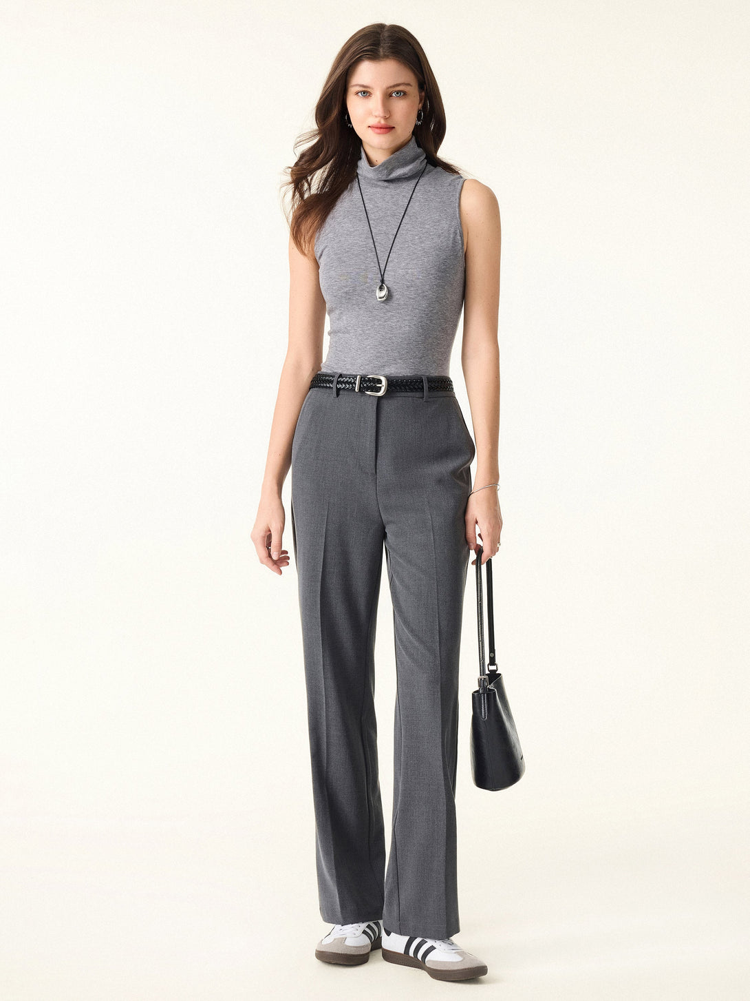 Mid Rise Straight Leg Creased Trousers with Pockets