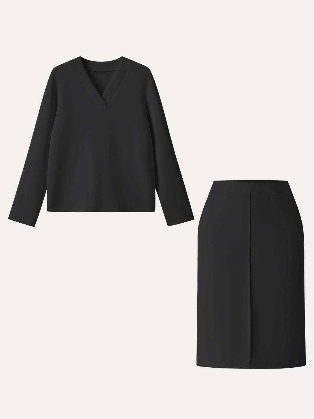 2Pcs Set Modal Spacer V-neck Pullover Shirt & A-Line Midi Skirt with Pockets Black XS