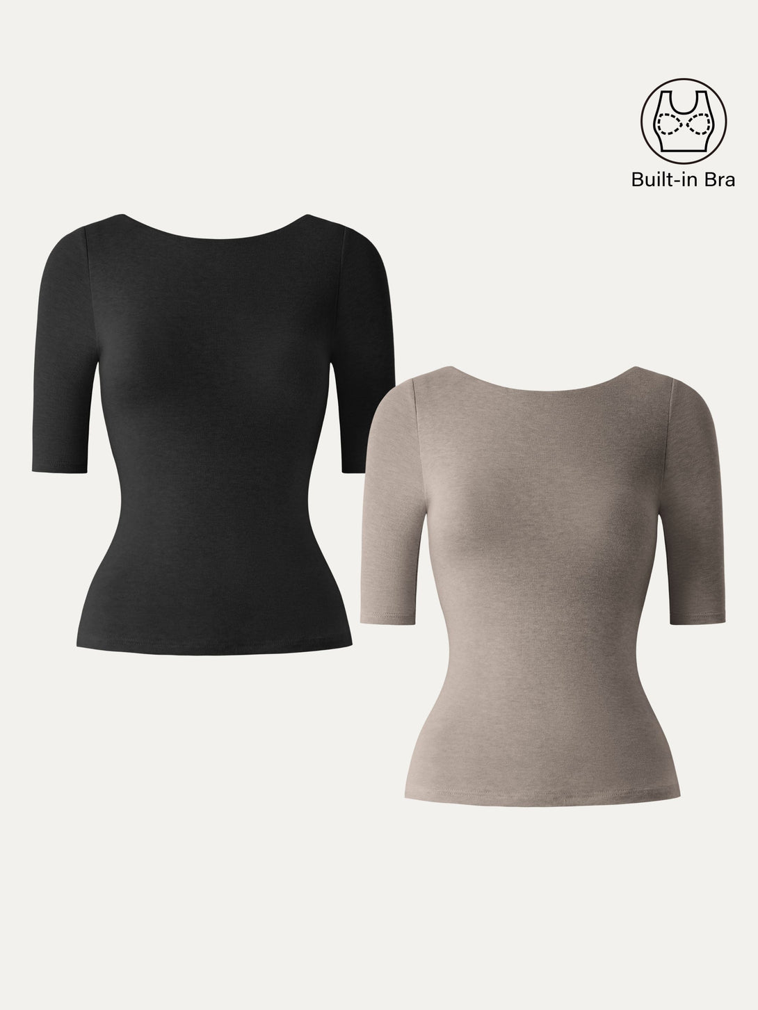2Pcs Set Lyocell Cashmere Boatneck Elbow Length Sleeve Brami Black/Heather Rock XS