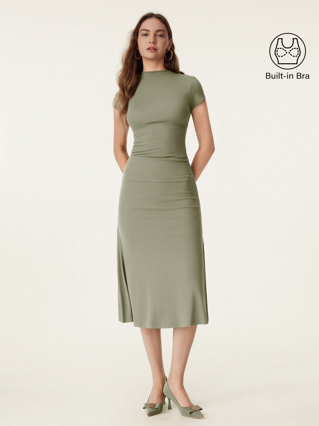 2Pcs Set Mockneck New Airy Brami & Breezy Pull-on Midi Skirt Tate Olive XS