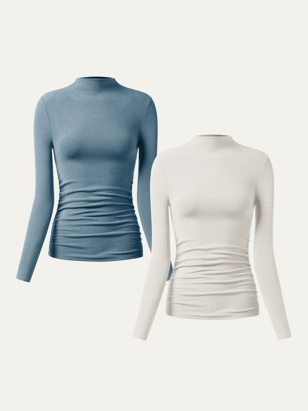 2Pcs Set Thermal Ruched Sides Tuckable Mockneck Top