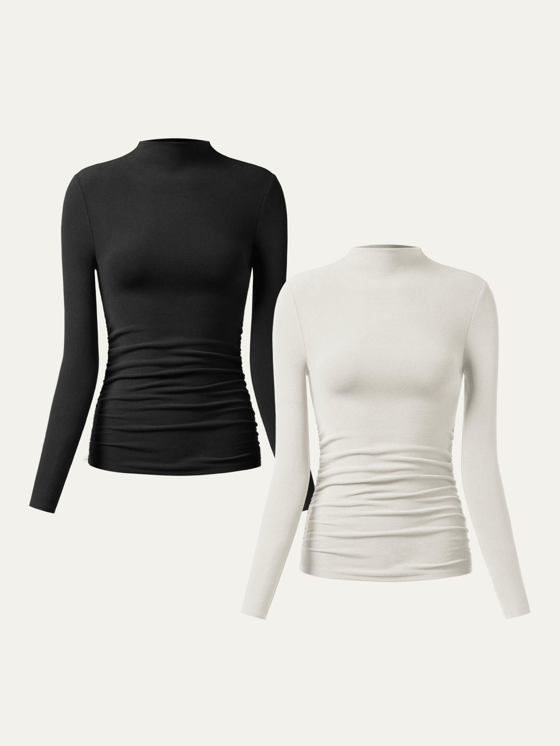 2Pcs Set Thermal Ruched Sides Tuckable Mockneck Top Black/Off White XS