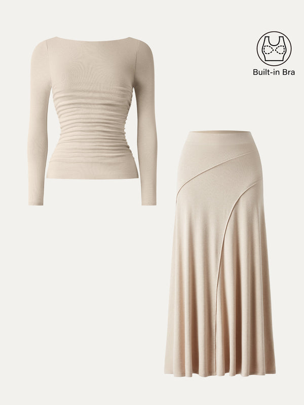 OGLmove 2Pcs Set Boatneck Ruched Bra Top & Drapey A-Line Maxi Skirt