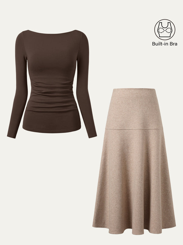 2Pcs Set Boatneck Tucks Brami Top & Flared Maxi Skirt Espresso/Heather Oatmeal XS