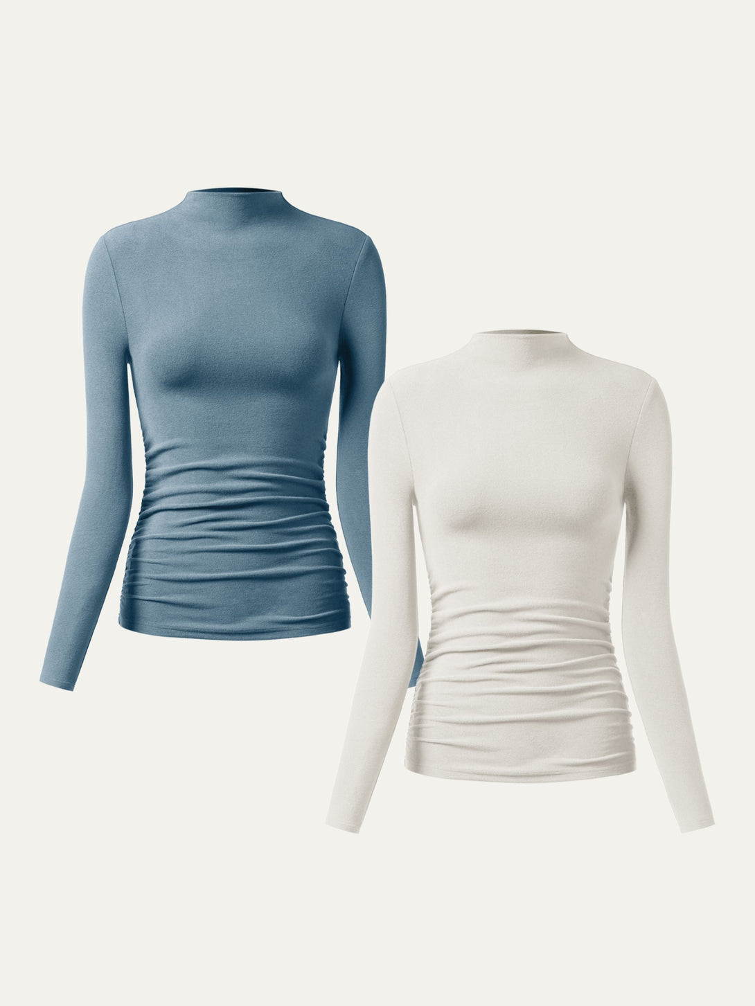 2Pcs Set Thermal Ruched Sides Tuckable Mockneck Top Off White/Dusk Blue XS