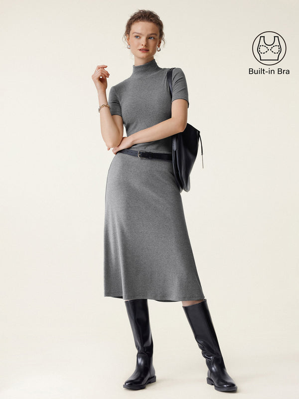 OGLmove 2Pcs Set Mockneck Short Sleeve Bra Top & Pull-On Midi Skirt Heather Carbon XXS