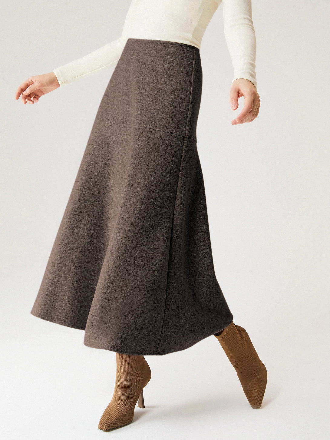 Wool-like Flared Maxi Skirt Regular Heather Brown