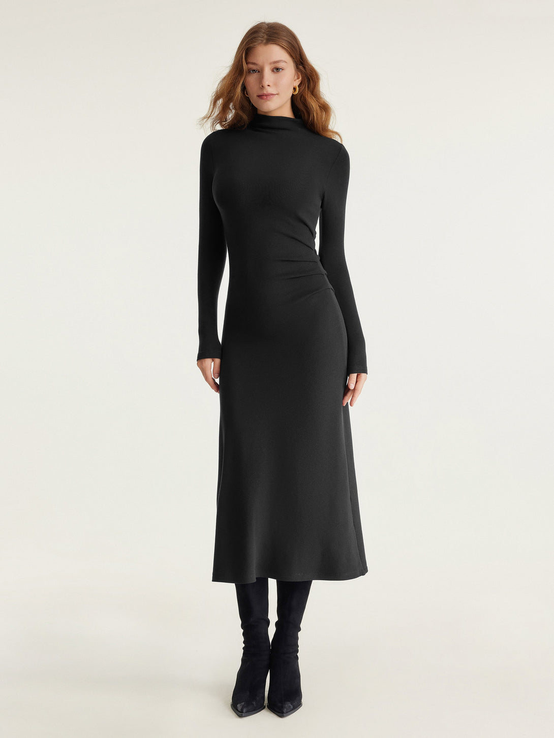 Heat-Tech Long Sleeves Mockneck Tucks Midi Dress Regular Black